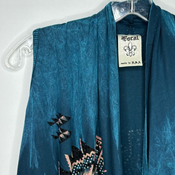 Vocal Turquoise Blue Rhinestone Studded Southwestern Fringe Open Vest - Picture 6 of 16